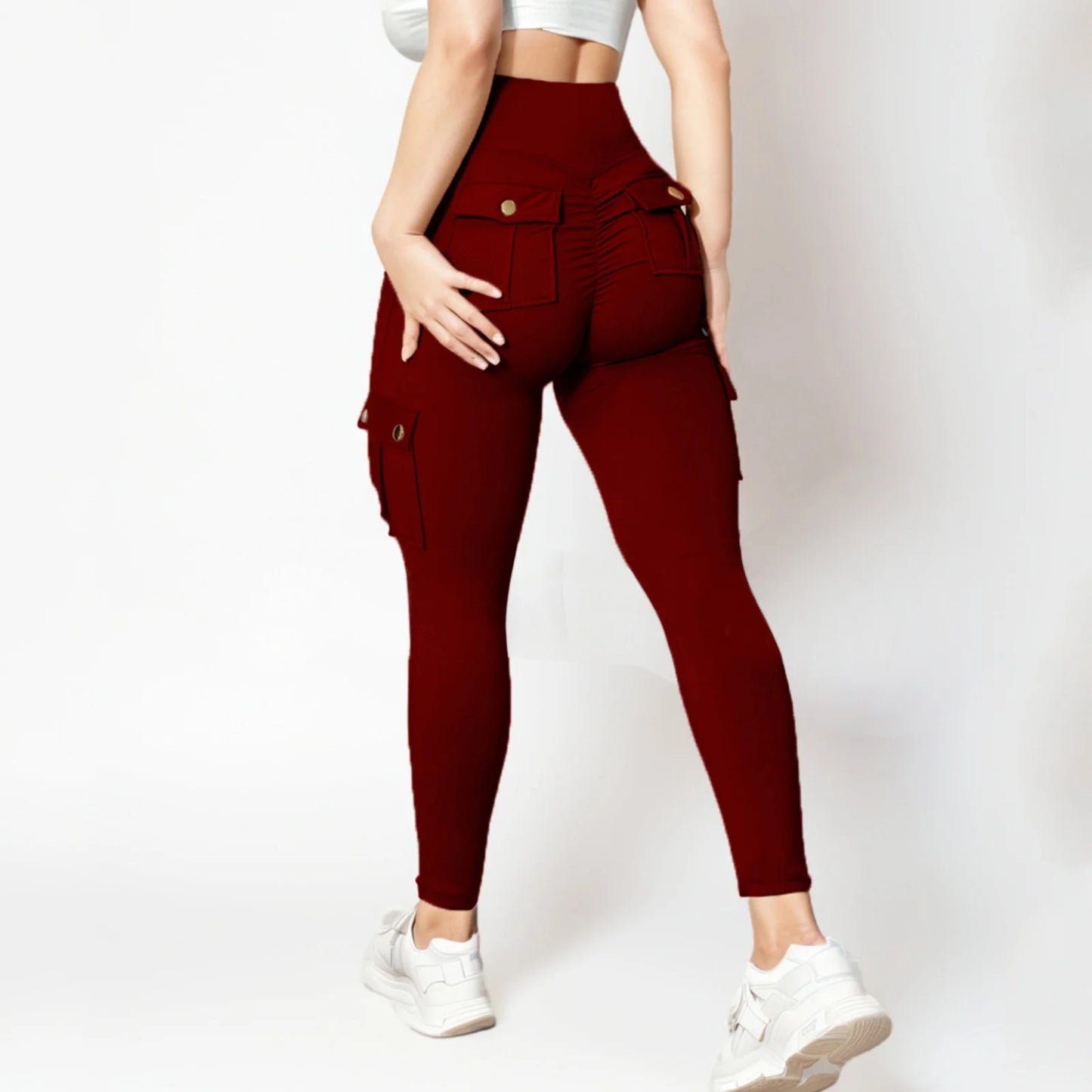 Women High Waisted Cargo Leggings with Multi Pockets Stretchy Quick-Dry Yoga Pants Butt-Lift Workout Jogging Pants (Medium, Wine)