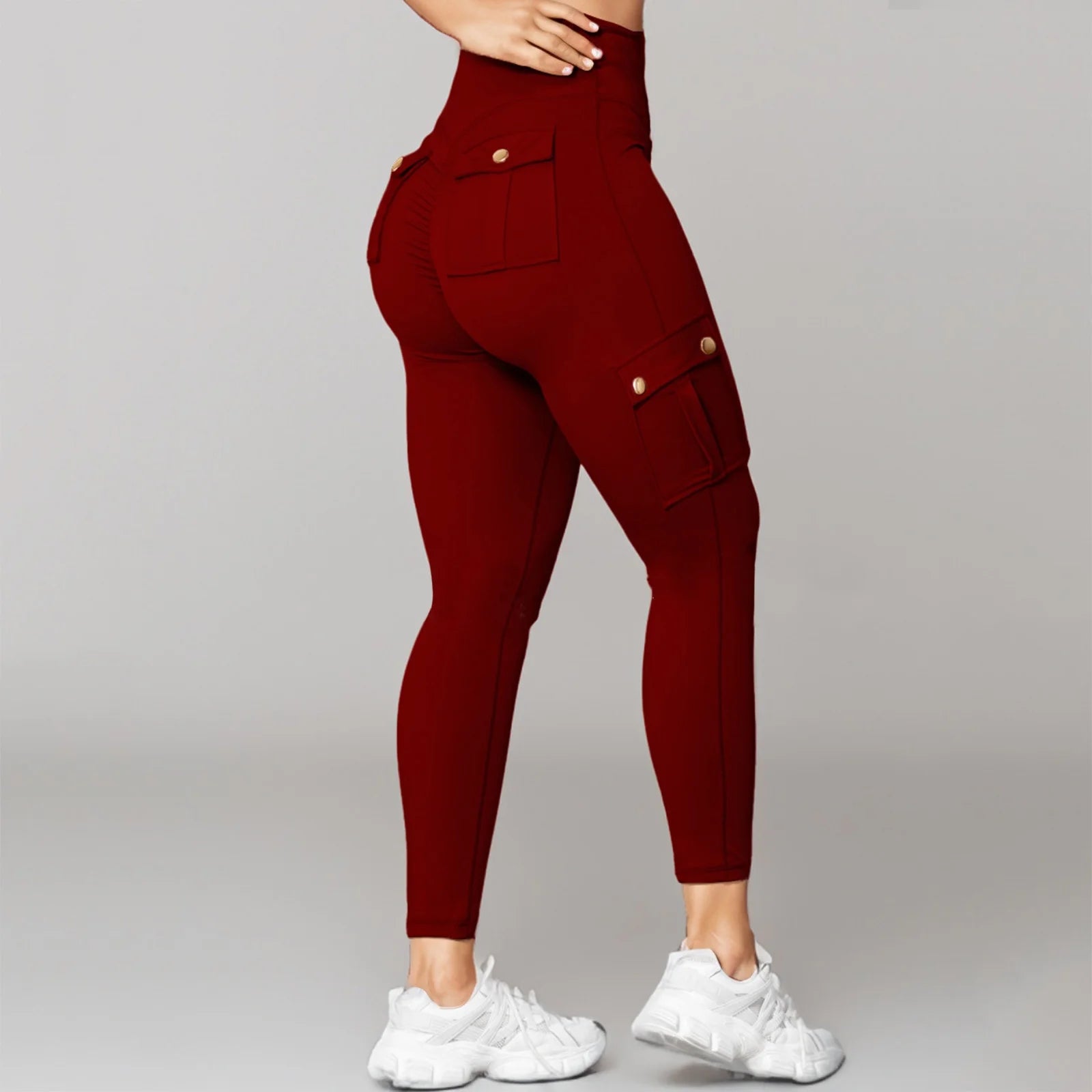 Women High Waisted Cargo Leggings with Multi Pockets Stretchy Quick-Dry Yoga Pants Butt-Lift Workout Jogging Pants (Medium, Wine)