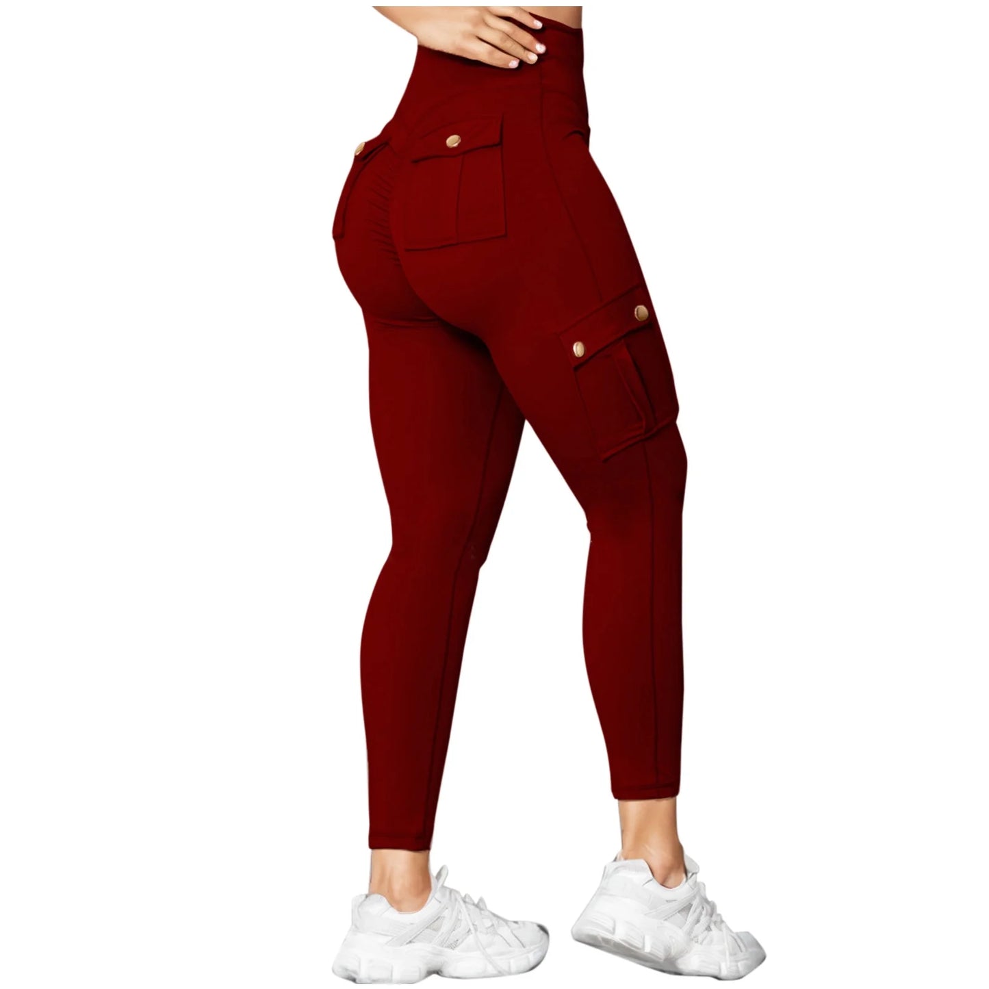 Women High Waisted Cargo Leggings with Multi Pockets Stretchy Quick-Dry Yoga Pants Butt-Lift Workout Jogging Pants (Medium, Wine)