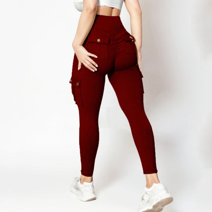 Women High Waisted Cargo Leggings with Multi Pockets Stretchy Quick-Dry Yoga Pants Butt-Lift Workout Jogging Pants (Medium, Wine)